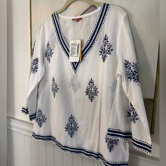 RATAN JAIPUR White And Blue Floral Vneck Casual Summer Cotton Blouse Size Medium - Picture 2 of 6